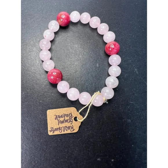 NEW Rose quartz and gemmy rhodonite stretch cord 7 inch bracelet - Picture 1 of 11